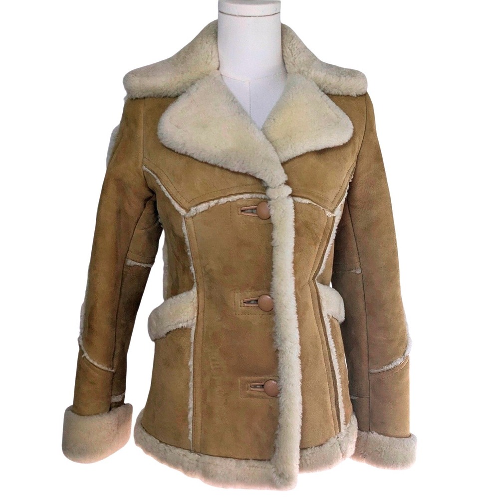 Vintage 1970s Outbak Shearling Jacket Tan Suede Wool Trim Coat New Zealand 36